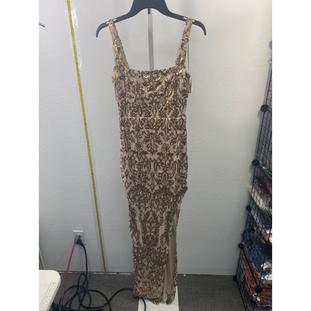 Windsor Gold‎ Sequin Damask Maxi Dress Nude Mesh High Slit Prom Formal Small NEW